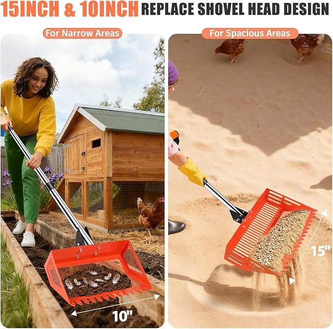 15/10'' Chicken Poop Scooper & Rake,4 IN 1 Chicken Coop Scoop with 2 Large Metal Shovel Heads,Chicken Coop Scooper for Sand,Chicken Scoop with Long Handle,Sifting Shovel for Chicken Coops(37 to 65in)