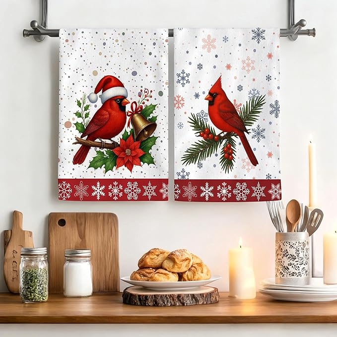 Christmas Kitchen Towels, Cardinal Winter Kitchen Decor Dish Towels Set Of 4, Cardinal Gifts for Women Friends Mom Wife, Absorbent Holiday Tea & Hand Towel Dish Cloths for Drying Baking Cooking