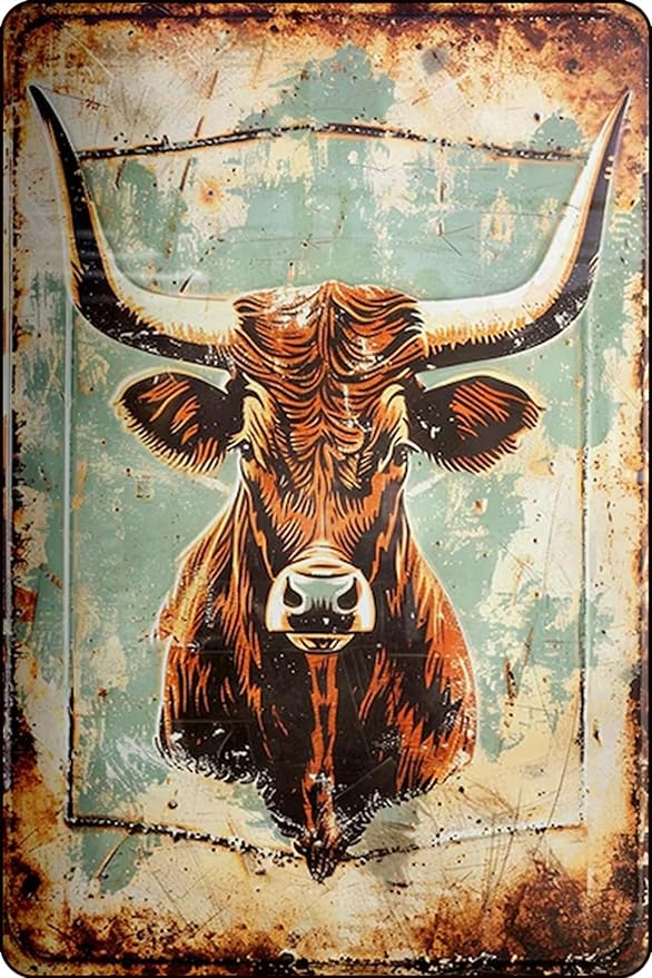 Texas Longhorn Metal Sign, Vintage Style Decor, Rustic Wall Art, Farmhouse Kitchen, Outdoor Plaque - 8 x 12 inches Vintage Metal Sign