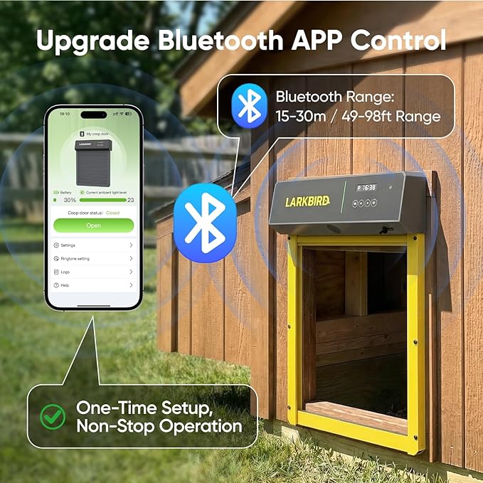 Larkbird Upgraded Automatic Chicken Coop Door Solar Powered, Auto Chicken Door with App Control, Custom Audio Recording, Timer & Light Sensor, Anti-Pinch Design