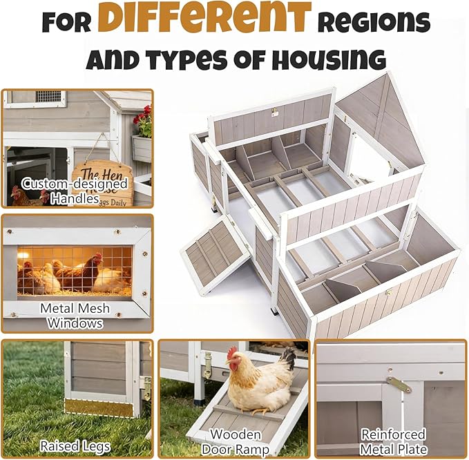 Rustic Wooden Chicken Coop, Outdoor Poultry House for 2-4 Hens, Removable Tray with Metal Locks, 6 Nesting Boxes, Openable Roof, Rabbit Hutch for Garden Backyard Patio