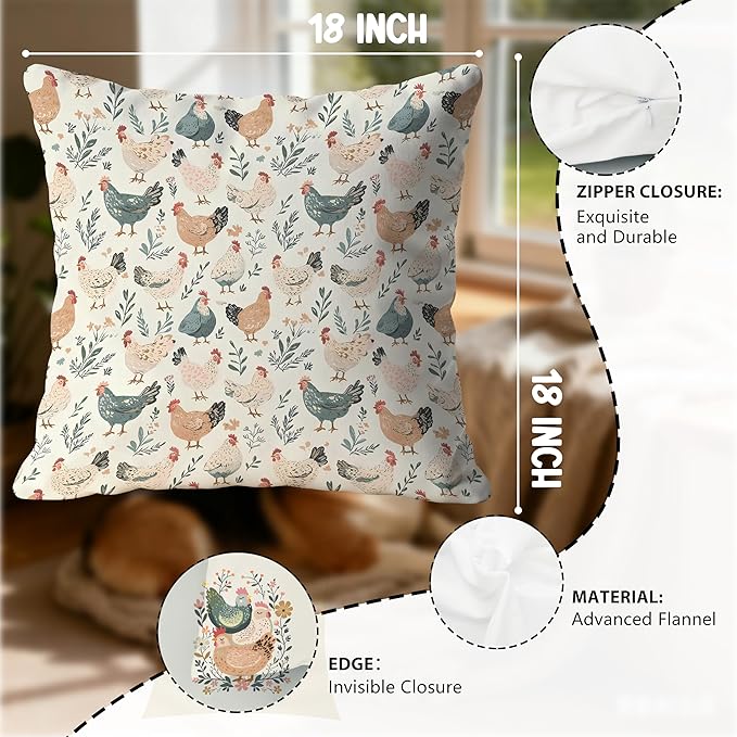 Rustic Floral Chicken Pillow Covers 18x18, Chicken Lover Lady Mom Gifts, Cottagecore Flower Farmhouse Hen Decorative Throw Pillow Covers for Home Bedroom Living Room, Set of 2,Color-3