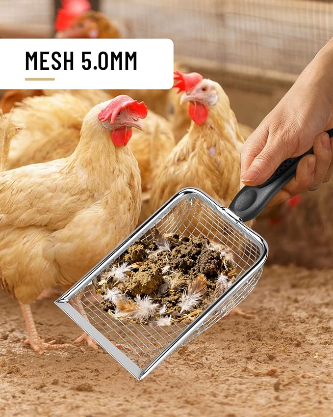 Chicken Poop Scooper for Coop,2 Pack Chicken Coop Poop Scoop Shovel with 3.8mm & 5mm Mesh, Metal Chicken Coop Rake and Scoop Tool,Scooper Shovel for Sifting Sand, Litter, Chicken Supplies