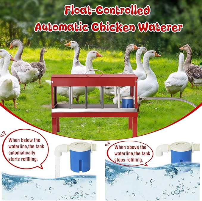 Automatic Chicken Waterer with Float Valve,Stainless Steel Automatic Chicken Watering System with Hose and Bottom Bracket,Large Poultry Waterer Dispenser for Chicken Duck,Goose,Quail, Turkey