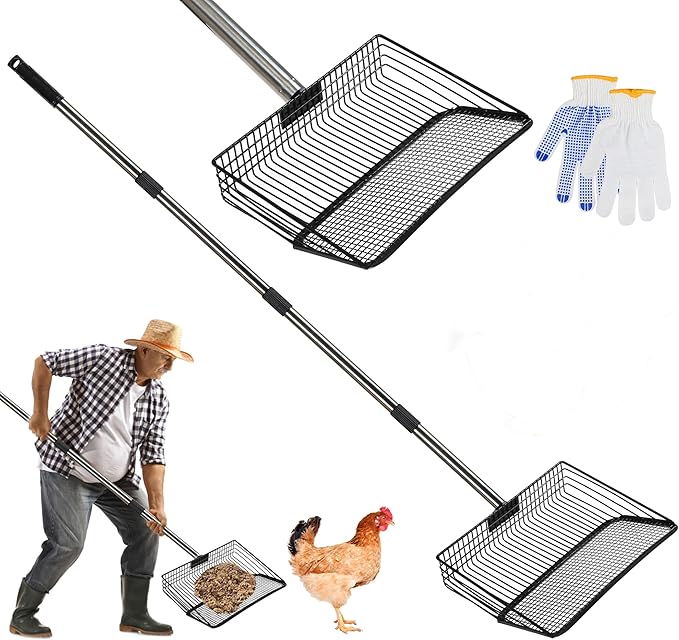 4-in-1 10" Large Chicken Poop Scooper with Gloves,Sifting Shovel Rake,Henhouse Cleaning Tool,Adjustable Long Handle (22.4-62") Litter Scoop,Stainless Steel Poop Shovel for Farm,Goat Stall Accessories
