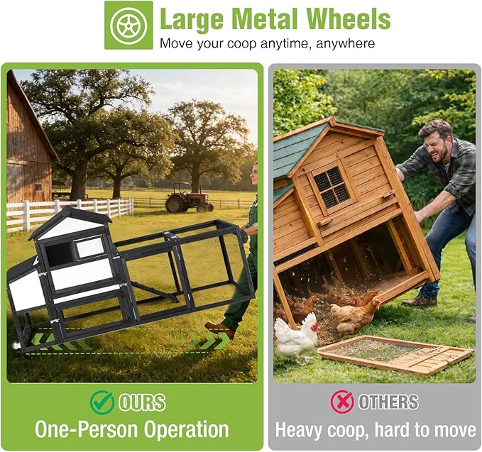 GUTINNEEN Mobile Chicken Coop with Wheels for 2-4 Chickens, Expandable Wooden Hen House with Divided Nesting Box, Reinforced Coop Balcony, Roosting Perch, Metal Pull-Out Tray, 82.4" L (Black ＆ White)