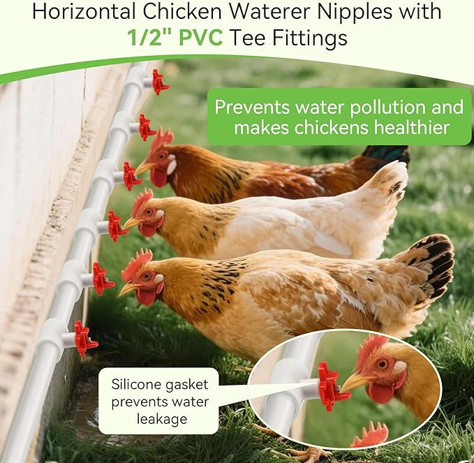 Enhon 12 Pack Chicken Nipples Waterer with 1/2'' PVC Tee Fittings, DIY Auto Chicken Waterering System, Horizontal Side Mount Poultry Water Nipple Waterer Drinker and for Ducks Quail and Other Poultry