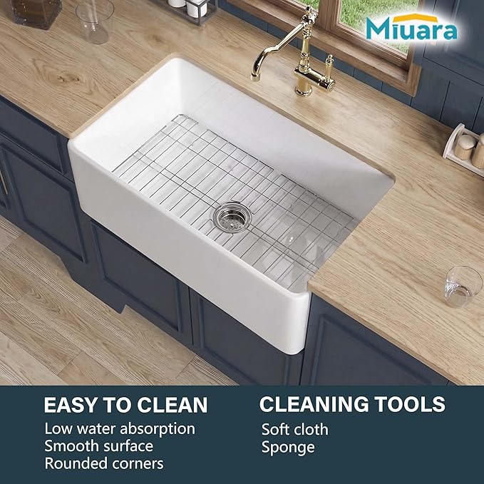 Miuara Farmhouse Sink 30 Inch - White Apron Front Undermount Kitchen Sink Reversible 30"x18"x10", Farm House Style Single Bowl, Heavy Duty Solid Fireclay, Glossy White, for Kitchen & Laundry