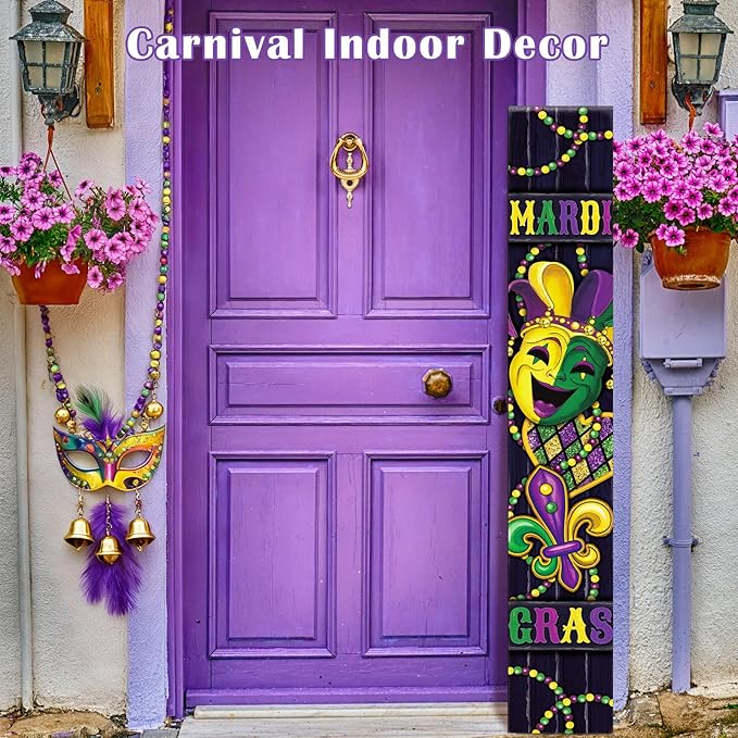 47" Large Mardi Gras Porch Sign Carnival Welcome Sign Mask Wooden Tall Carnival Porch Decor Rustic Farmhouse Front Door Decor for Mardi Gras Party Holiday Outdoor Home Yard Entryway Gift