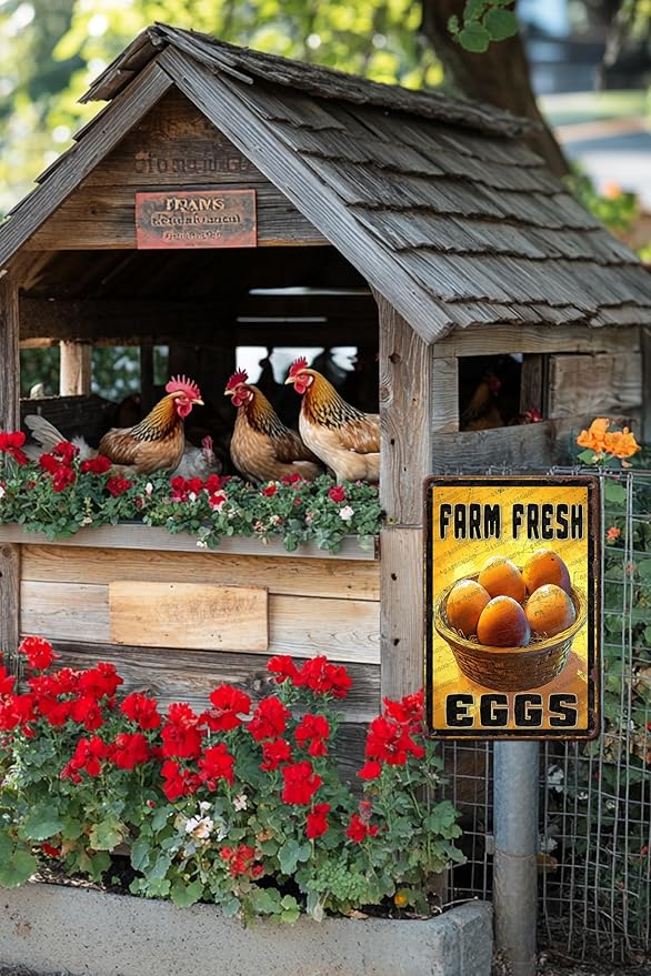Vintage Farm Chicken Metal Sign Fresh Eggs Metal Poster Home Bathroom Kitchen Farmhouse Garden Coffee Retro Aluminium Sign Art Wall Decor Plaque 12x8 Inch