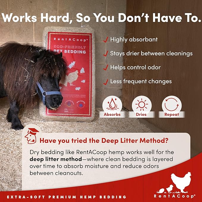 RentACoop Extra-Soft Premium Hemp Bedding 300L – Super Absorbent, Low Dust, Natural Odor Control for Chicken Coops, Nest Boxes, Small Animals, Reptiles & Horses