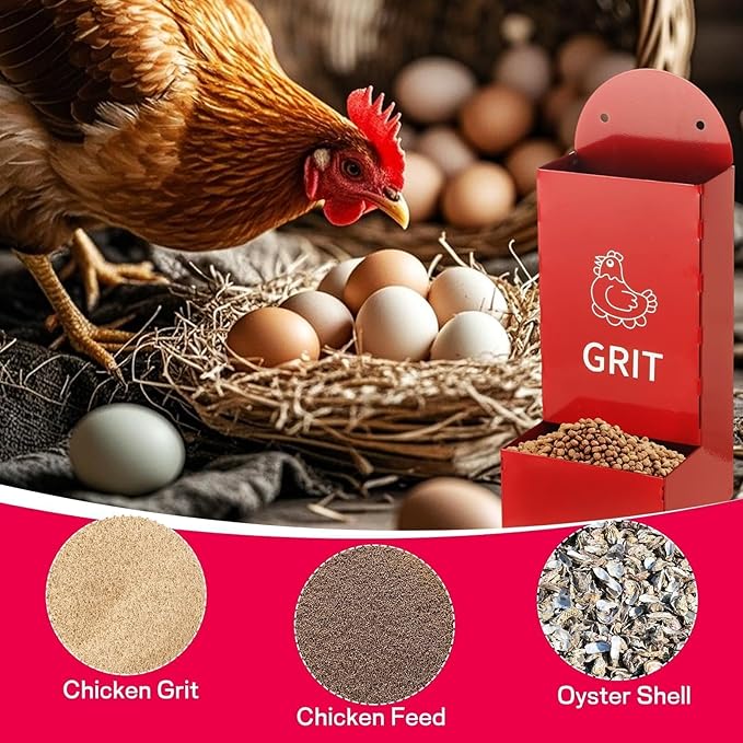 Hanging Chicken Feeder Metal (2 Pack), Wall Mounted Poultry Grit Feeder with Weatherproof Lid, Durable Chicken Coop Accessories for Chickens, Ducks, Quail, Red & Black