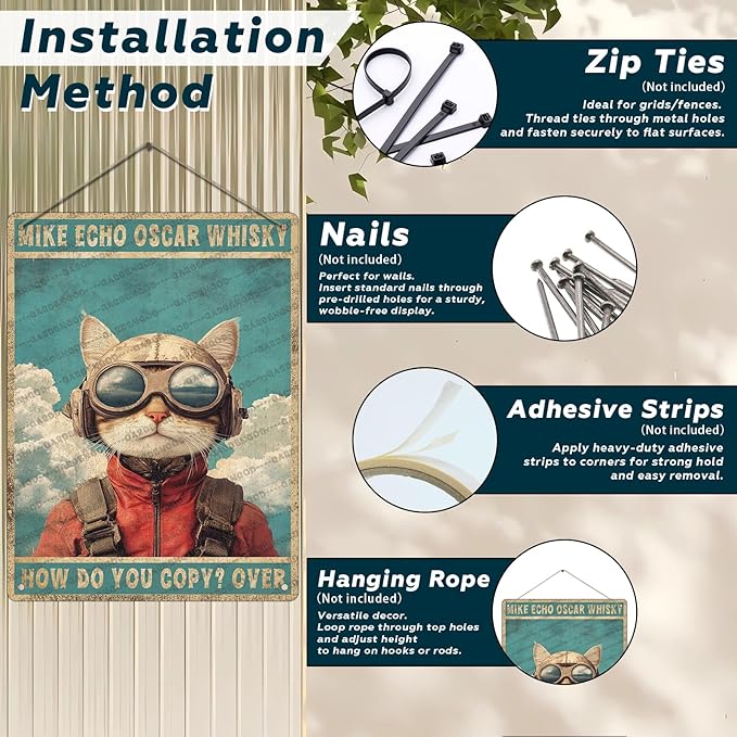 Cat Pilot Mike Echo Oscar Whisky Cat Lover Metal Tin Sign Poster Wall Plaque Vintage Bathroom Warn Man Cave Bar Kitchen Farm Yard Garden Garage Club Metal Tin Signs Wall Decor 16x12 Inch