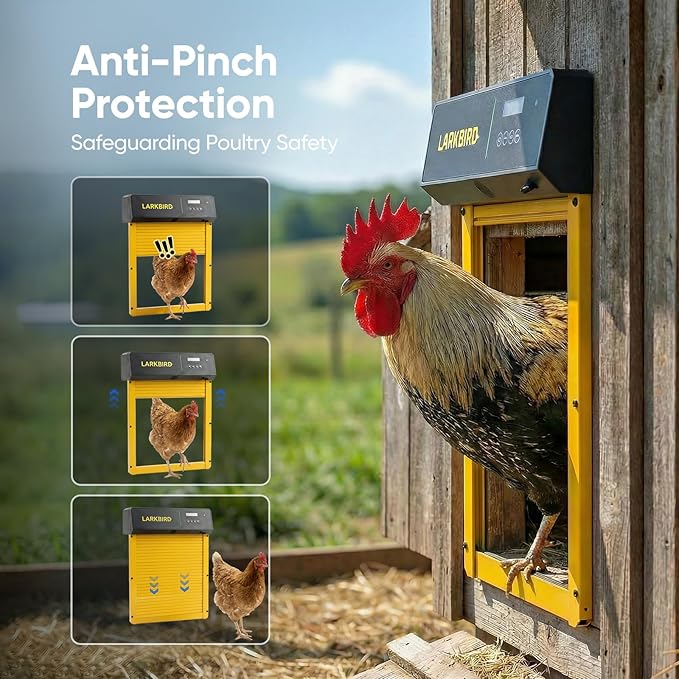 Larkbird Upgraded Automatic Chicken Coop Door Solar Powered, Auto Chicken Door with App Control, Custom Audio Recording, Timer & Light Sensor, Anti-Pinch Design