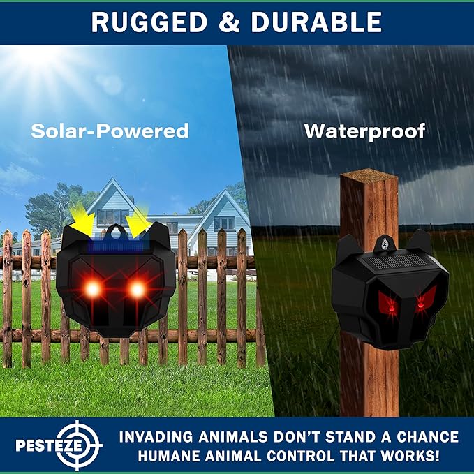 2 Pack PESTEZE Reusable Solar Nocturnal Animal Repeller. Flashing Red Light Deters Unwanted Animals Like Skunk, Deer, Coyote, Fox, Wolf, Rabbitt, Raccoon & Birds to Protect Property & Livestock