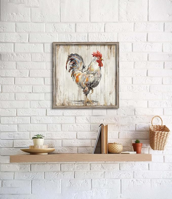 Rooster Wall Art Wooden Decor: Farm Animal Rustic Framed Print Picture Farmhouse Chicken Print Artwork Decorations Rustic Country Kitchen Painting for Home Living Room Bedroom 16 x 16 Inches