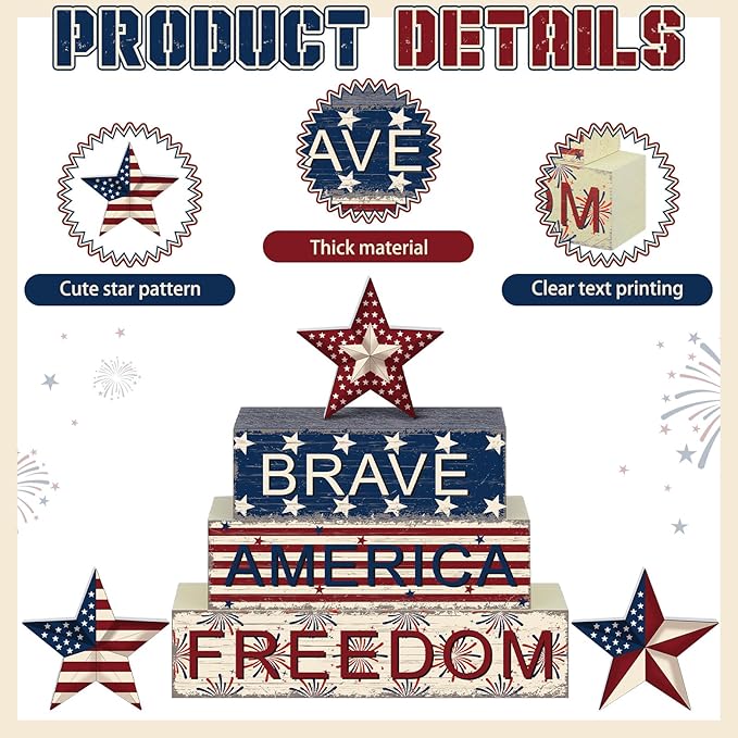 Geelin 4 Pieces 4 of July Table Decorations Patriotic Memorial Day Wooden Block Signs Red White Blue Tabletop Centerpieces Farmhouse Independence Day Tiered Tray Decor for Home 250th Anniversary
