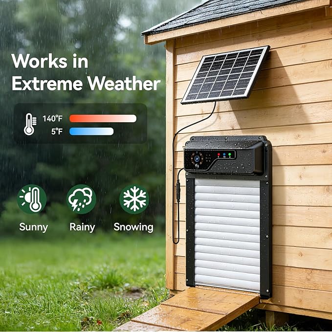 Automatic Chicken Coop Door with Camera, Solar Powered Smart Chicken Door with WiFi App Control, 1080P HD Night Vision, 5000 mAh Battery, Anti-Pinch Safety, Smart Alerts, Space-Saving Roll-Up Design