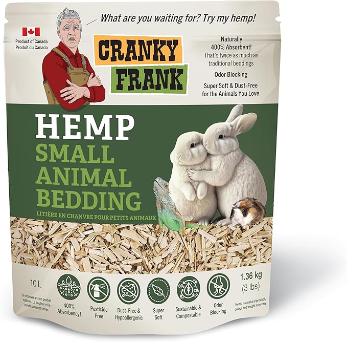 Cranky Frank Small Animal Hemp Bedding 10L – Ultra Absorbent, Odor Blocking, Dust-Free, Hypoallergenic, Biodegradable Bedding for Rabbits, Guinea Pigs, Hamsters & More (Small 10L)