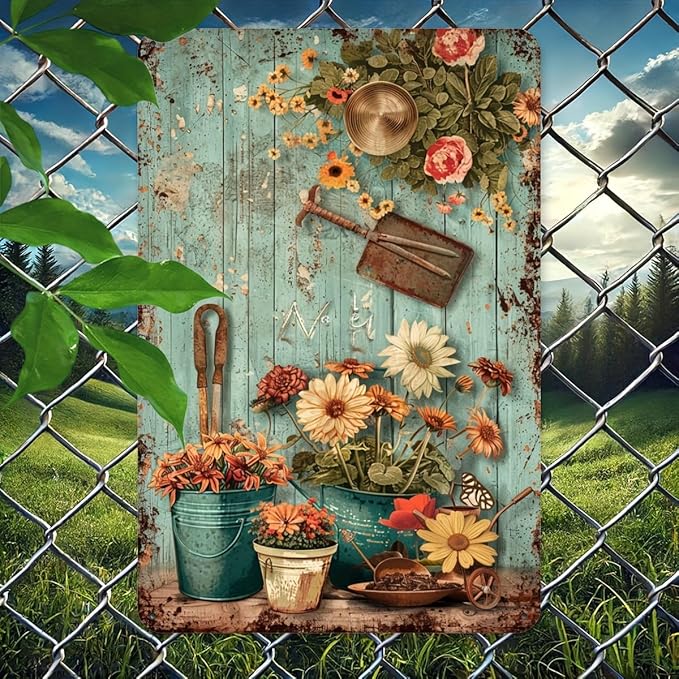 Vintage Floral Potted Plants Metal Tin Sign, Rustic Iron Wall Art, Garden-Themed Home Decor for Gym, Cafe, Garage, Restaurant, Bedroom, Indoor/Outdoor - 1 Pack, 8x12 Inch