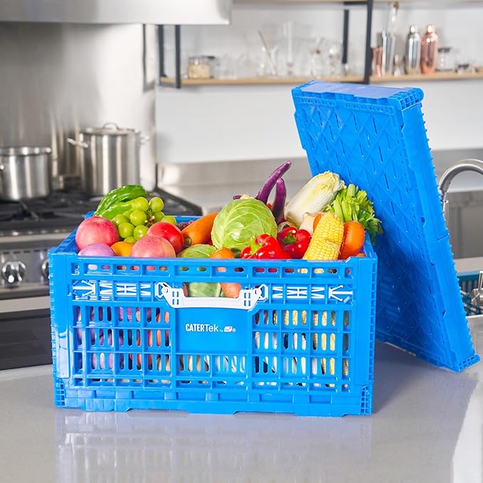 Restaurantware Plastic Milk Crates for Storage - 10 Pack - Cater Tek Stackable Storage Buns for Organizing - Collapsible Storage Basket for Groceries, Home Supplies, Blue