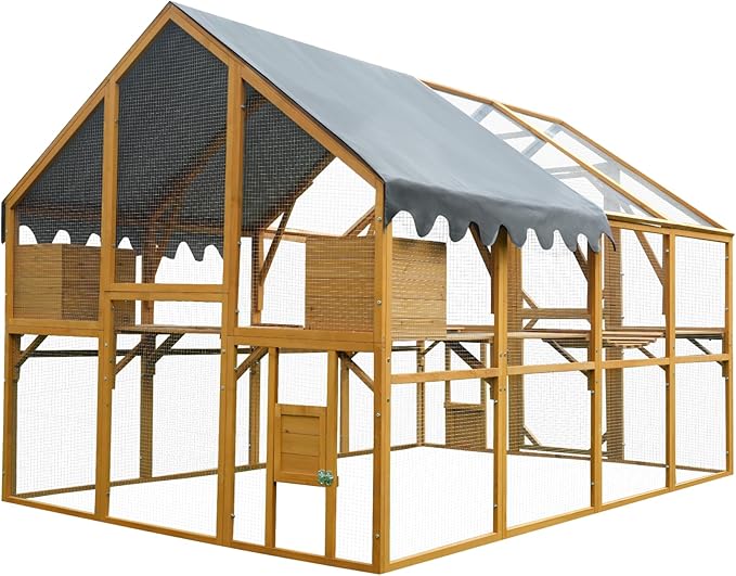 KEIKI 110"L Outdoor Large Chicken Coop with Waterproof Cover, Roosting Platform, Wire Mesh & 2 Lift Small Doors with Locks, Wood Chicken Coop House with Run for Cat Kitten Playpen, Duck, Rabbit, Quail