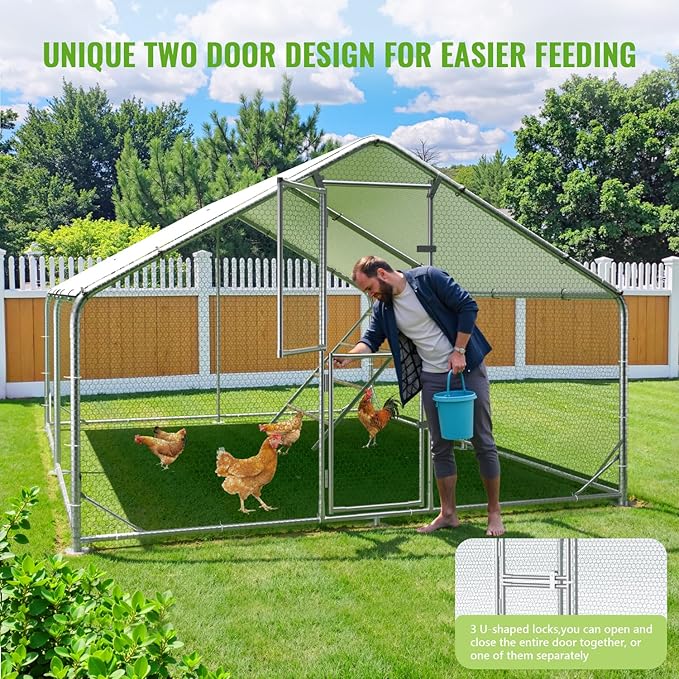 Large Metal Chicken Coop, 10x13x6.5FT Chicken Runs for Yard with Cover and Roosting Perch, Split Doors Walk in Chicken Coop