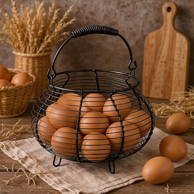 Egg Basket for Gathering Fresh Eggs, Retro Handle Egg Gathering Baskets, Round Wire Egg Basket, Chicken Eggs Baskets for Farmhouse