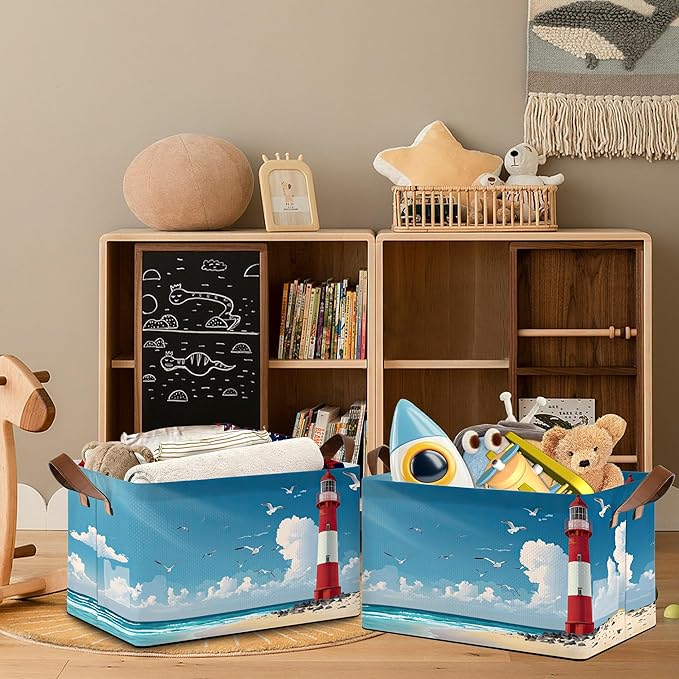 Lighthouse Seagull Storage Baskets,Beach Foldable Organizer Bin with Handles for Home Living Room Bedroom Closet Box 17x11.5x10Inch
