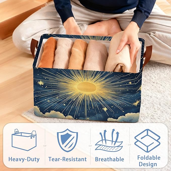 Sun Stars Storage Basket with Handles,Collapsible Rectangle Organizer Bin for Room Decoration Books Box Baskets 17x11.5x10Inch