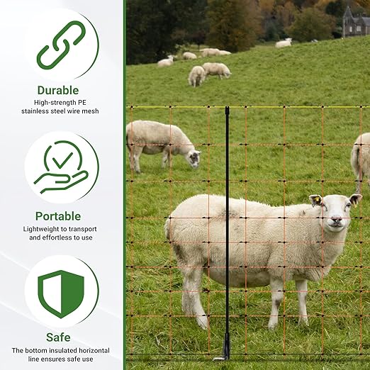 Electric Netting 35.4"H x 164'L, Electric Netting with Posts and Double-Spiked Stakes, Portable Electric Fence Netting for Backyards, Homesteads, Gardens, Farms, and Ranches