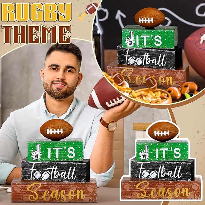 Geelin 4 Pcs Football Table Decorations Football Tiered Tray Decor Wooden Sign Centerpiece Decorative Faux Stack Book Block for Coffee Table Fireplace Mantel Floating Shelf