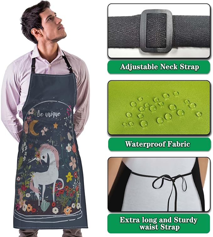 Cook Apron for Men Unicorn Floral Moon Cute Aprons for Women for Kitchen Cooking Restaurant BBQ Painting Crafting 27” (W) x 31” (H), Waterproof Apron