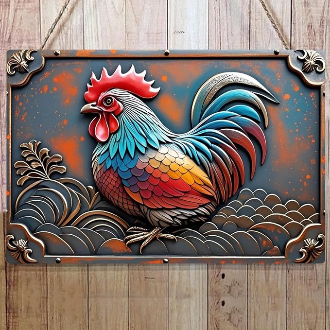 Chicken Retro Tin Sign Vintage Metal Post 2D Flat with 3D Visual Effect Wall Art Chicken Decor for Coops Farms Yard Home Bar Cafe Garage or Office - Thoughtful Chicken Gift Idea