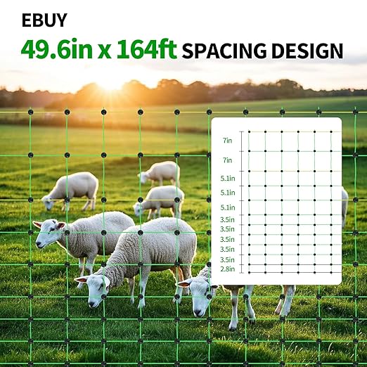 Electric Fence Netting, 49.6" H x 164' L, Portable Livestock Nets Mesh for Hogs, Cattle, Sheep,Turkey, Goat, Larger Animals,PE Net Fencing Used in Backyards, Farms and Ranches and Gardens