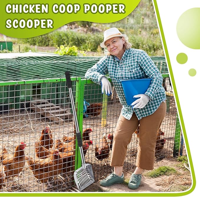 48 Inch Metal Chicken Coop Pooper Scooper (16 to 48 Inch) Long Handle Scooper with Detachable Stainless Steel Long Handle Gloves Accessory for Cleaning Chicken Coop(Silver)