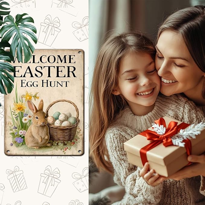 Easter Bunny Vintage Tin Sign Welcome To Our Egg Hunt Metal Sign Suitable For Gardens, Homes, Apartment Walls 12X16Inch