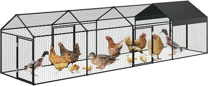 Metal Chicken Coop Outdoor Run, Predator-Proof Poultry Cage with Waterproof & Anti-UV Cover, Secure Hen House with Safety Lock for Backyard, Rabbits, Ducks & Geese, Black 160" X40" X40"