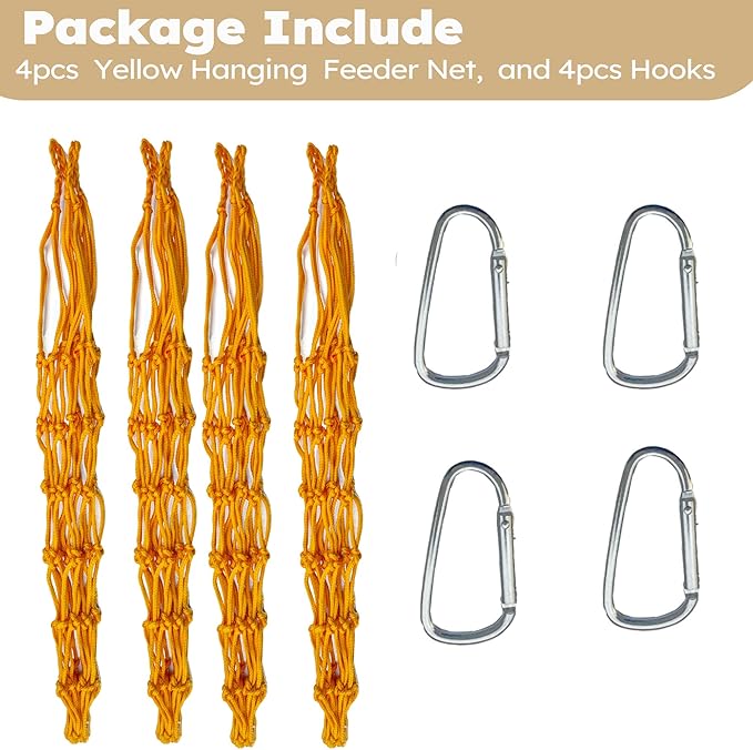 Chicken Vegetable Hanging Feeder 4 PCS, Reusable String Bag with Hook for Chicken Toys, Poultry Fruit Holder for Hens and Ducks, No Mess Lettuce Cabbage Feeder for Enrichment(Yellow)