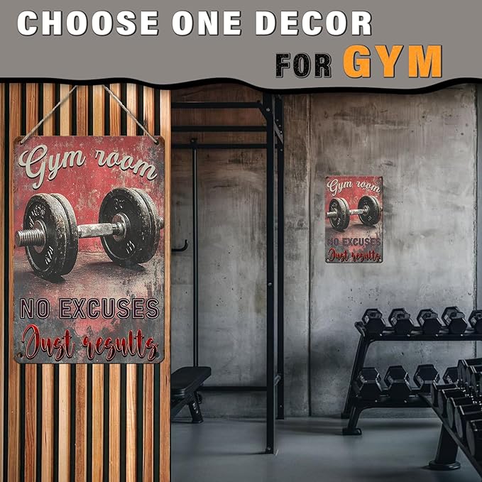 PEACHGARDEN No Excuses Just Results Gym Wall Art Vintage Tin Sign Poster for Home Gym Weightlifting Dumbbell Fitness Decor 8x12inch