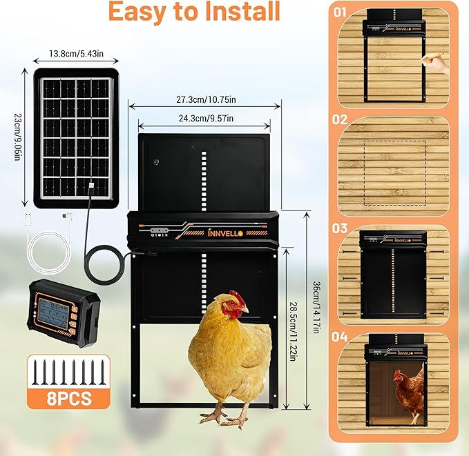 Automatic Chicken Coop Door, Solar Powered with Remote Control, Timer & Light Sensor, Anti-Pinch Safety for Chicken Run & Duck Coop