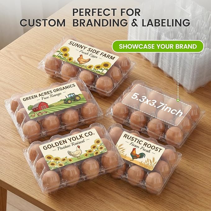 LOVEINUSA 60 Pack 12-Count Clear Plastic Egg Cartons with 60 Date Labels, Reusable PET Dozen Egg Holders for Medium Chicken Eggs, Clamshell Cartons for Farm, Home Fridge & Market Display