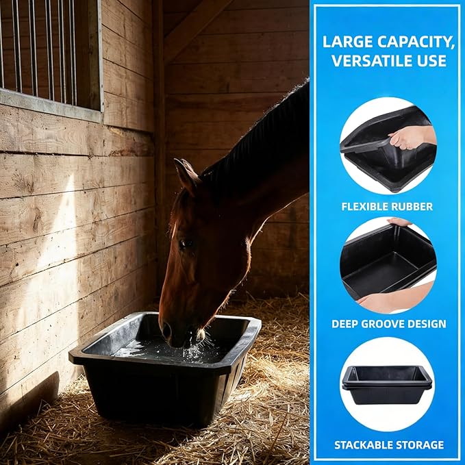 2 Pack Rubber Feeder Pan, 10 Quart Large Horse Trough Feeder Bucket, Heavy Duty 2.5 Gallon Chicken Dust Bath Tub Water Bowl for Pig Goat Dog Cat Farm Livestock Animal Feeding, Rectangular