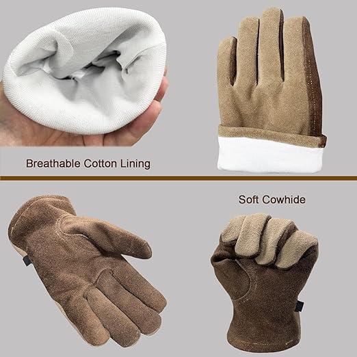 Leather Work Gloves for Women with Cotton Lining, Thorn Proof Gardening Gloves for TIG/MIG Welding, Construction (coffee, Medium)