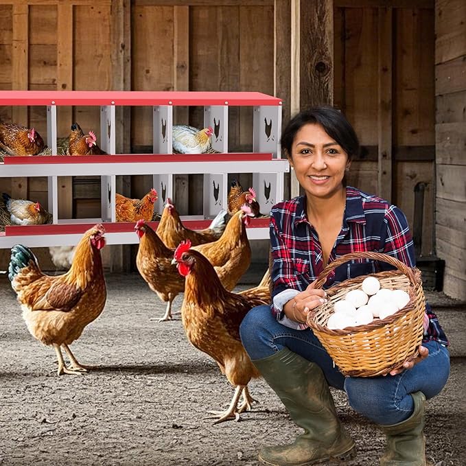 Chicken Nesting Boxes, 10-Compartment Metal Egg Laying Box with Swing Perch and Secure Lid – Versatile Wall Mount or Free Standing Suitable for Various Chicken Breeds -red