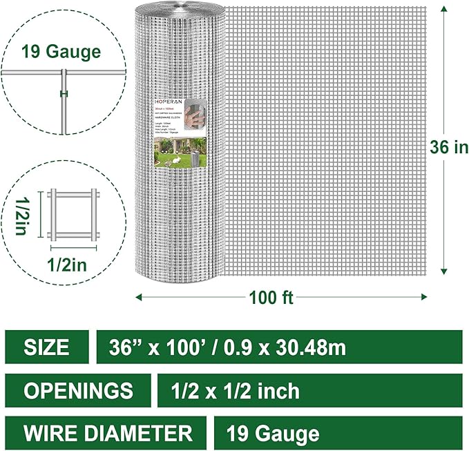 HOPERAN Hardware Cloth 1/2 Inch 36 x 100 ft - 19 Gauge Chicken Wire Fencing Mesh, Hot Dipped Galvanized After Welding, Wire Fence Rolls for Garden Fencing, Gopher Wire Rabbit Wire Poultry Netting