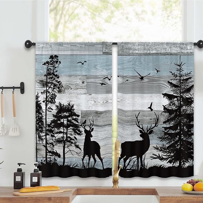 Farmhouse Deer Rustic Kitchen Curtains 27.5W x 39L Inch Cabin Lodge Country Forest Blue Wood Wooden Rod Pocket Short Small Window Treatment Drapes Decor 2 Panels