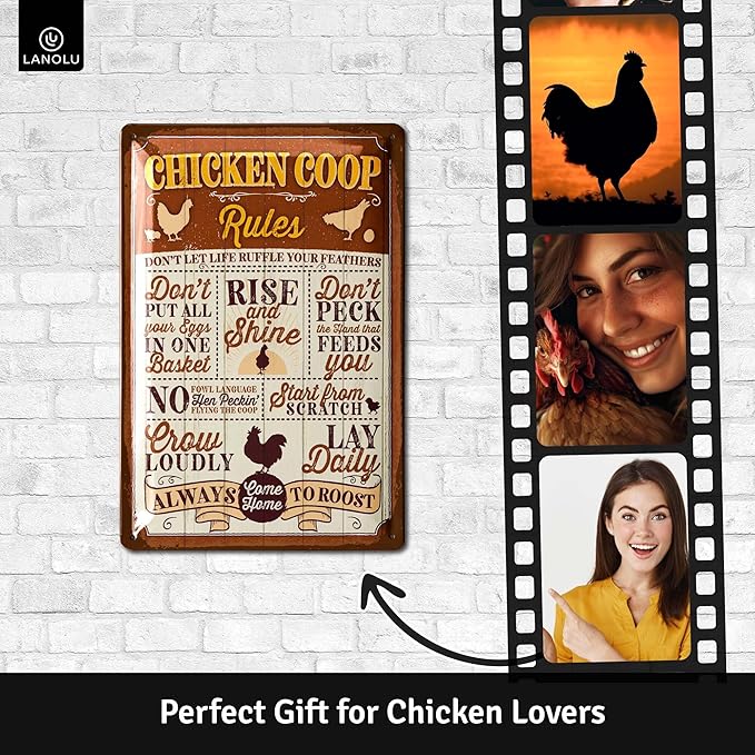 Funny Chicken Coop Signs for outside, Chicken RULES, Chickens Decor for Coop & Outdoor, Chicken Lover Gifts, Metal Chicken Signs, Chicken Coop Decorations 12x8"