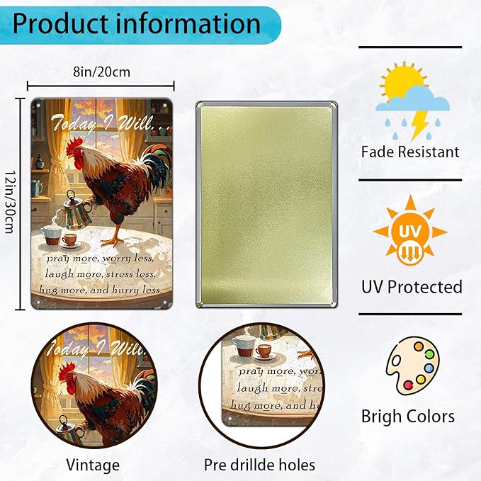 Chicken Metal Signs Rooster Kitchen Wall Decor Today I Will Pry More Worry Less Tin Sign 12x8 Inch Funny Chicken Coop Accessories Rooster Home Farm Yard Garden Decor
