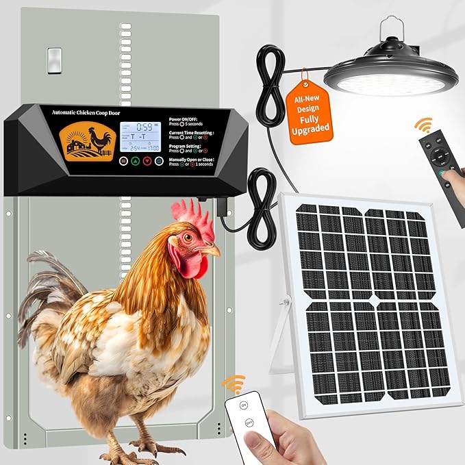 Automatic Chicken Coop Door with Solar Panel & Light - Solar Powered, Timer & Remote, 16”x12” Door, Anti-Pinch Alarm, Waterproof Aluminum, 5-Year Warranty for Hens Ducks Poultry